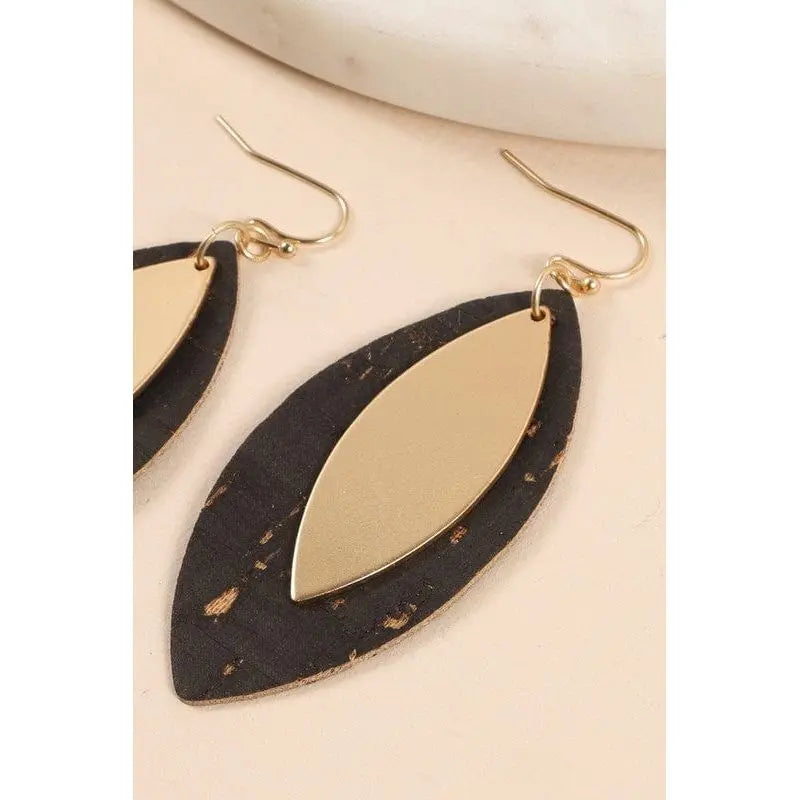 Leaf Shape Cork Metal Dangling Earrings