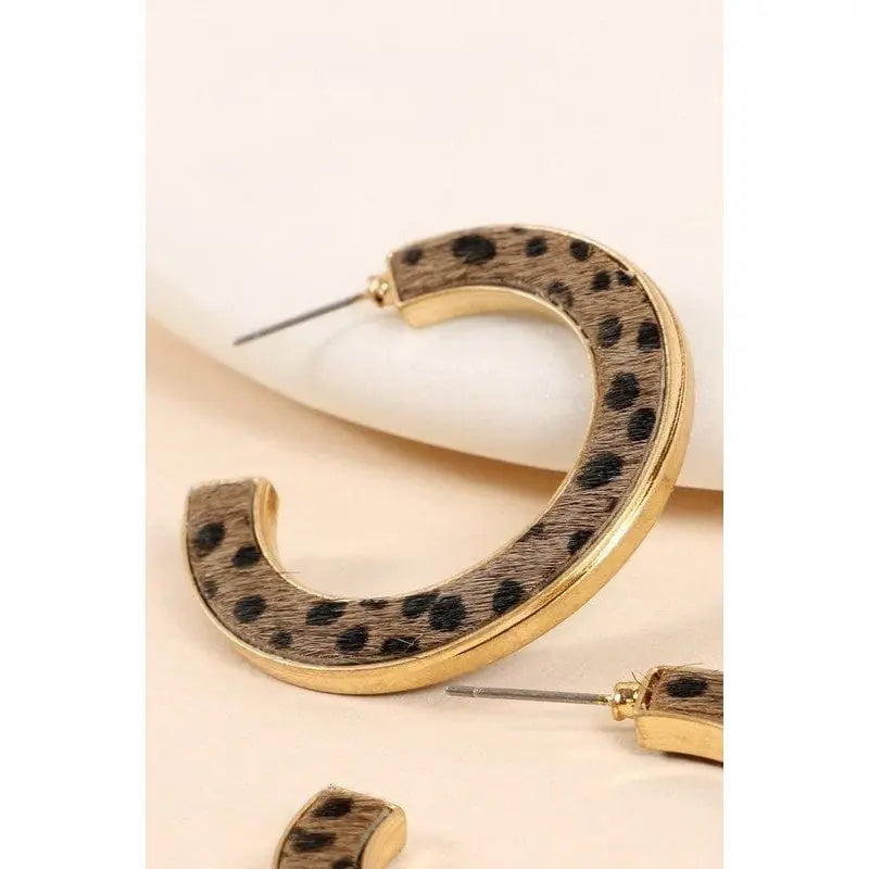 Leopard Print Calf Hair Open Hoop Earrings