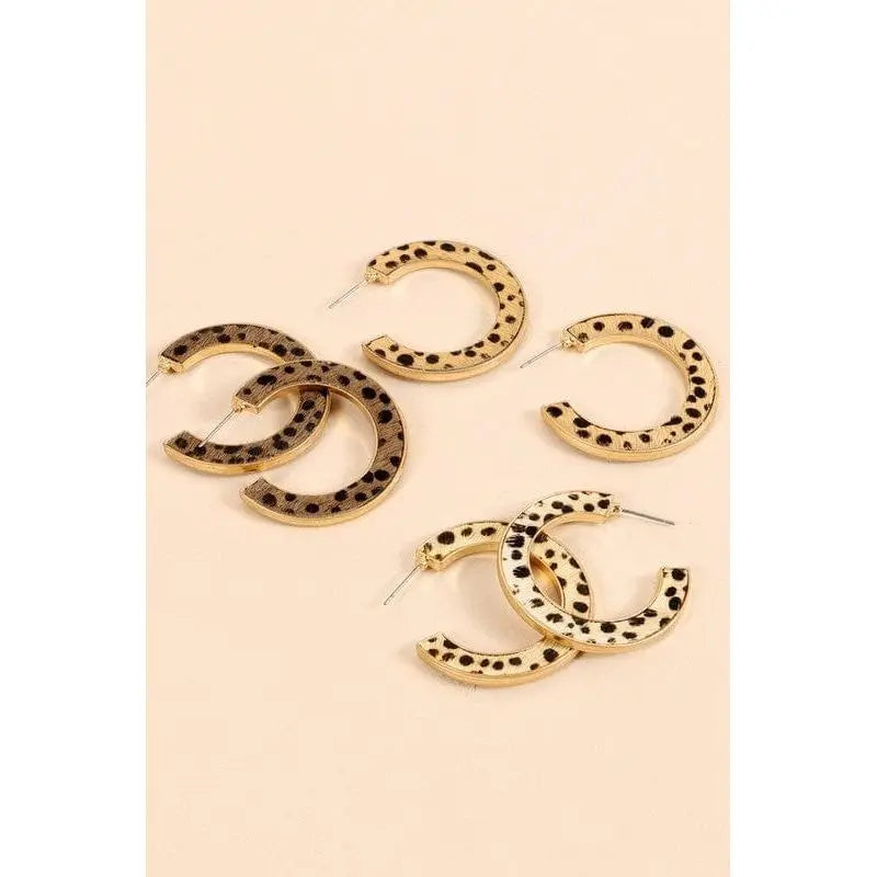 Leopard Print Calf Hair Open Hoop Earrings