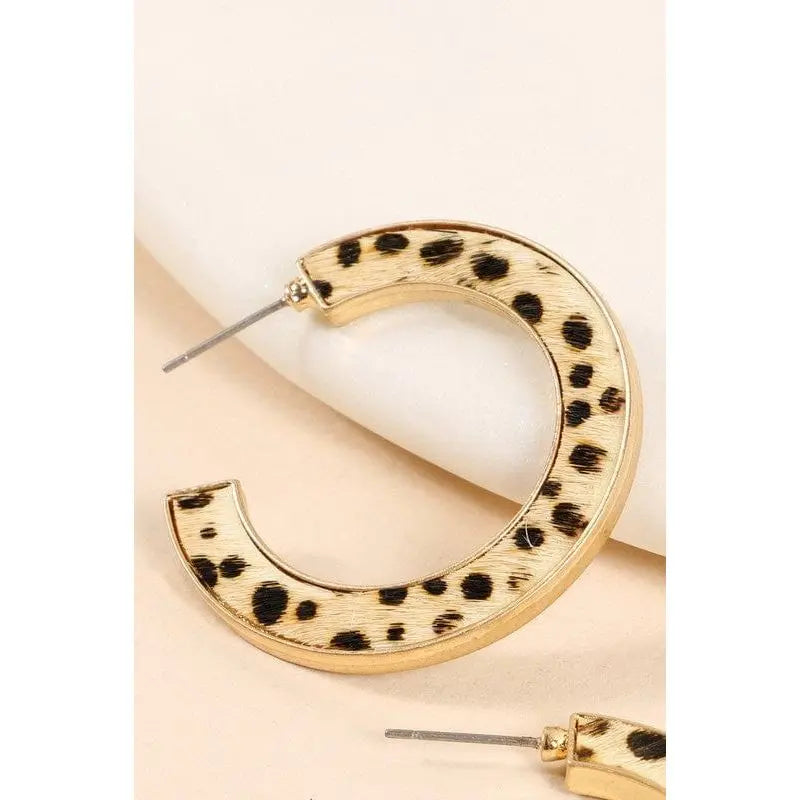 Leopard Print Calf Hair Open Hoop Earrings