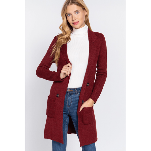 LONG SLEEVE NOTCHED COLLAR FRONT BUTTON AND POCKET SWEATER JACKET