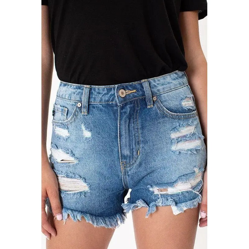 Medium wash rainbow tread shorts -kc9225m-op KanCan