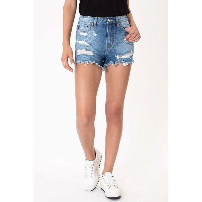 Medium wash rainbow tread shorts -kc9225m-op KanCan