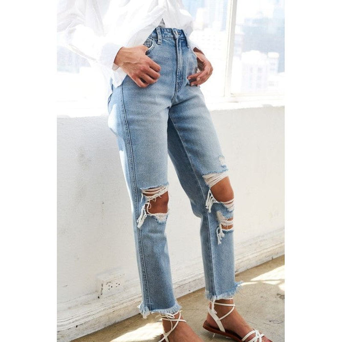 Super high rise distressed relaxed straight