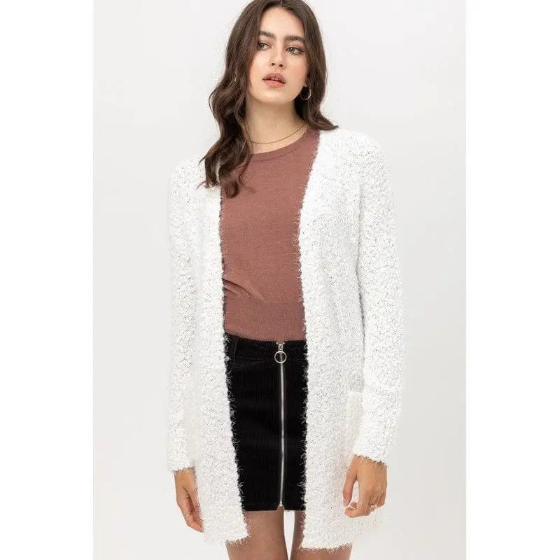 Popcorn Eyelash Open Front Long Line Cardigan Love tree