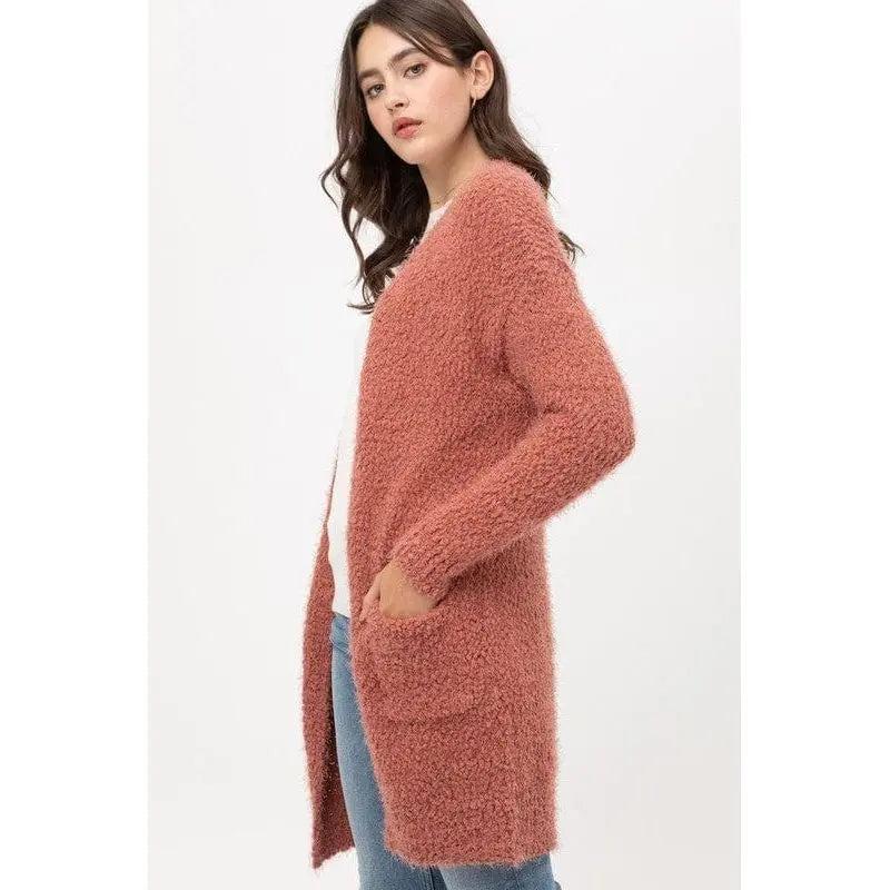 Popcorn Eyelash Open Front Long Line Cardigan Love tree