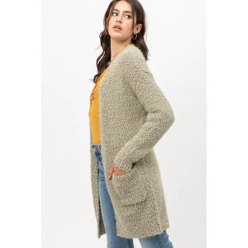 Popcorn Eyelash Open Front Long Line Cardigan Love tree