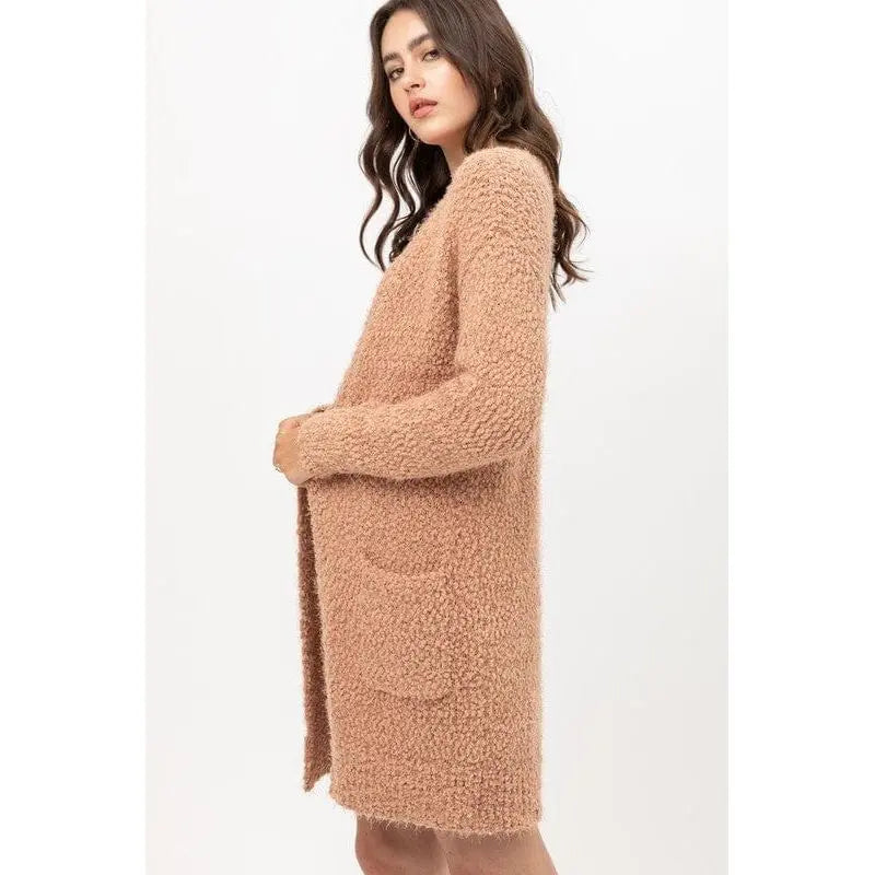 Popcorn Eyelash Open Front Long Line Cardigan Love tree