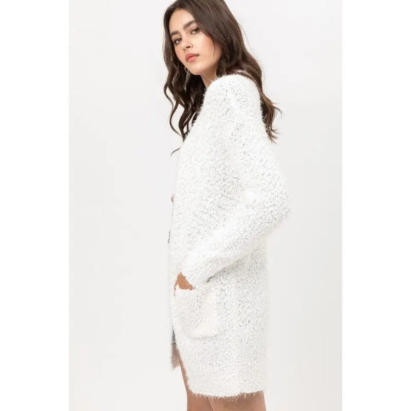 Popcorn Eyelash Open Front Long Line Cardigan Love tree
