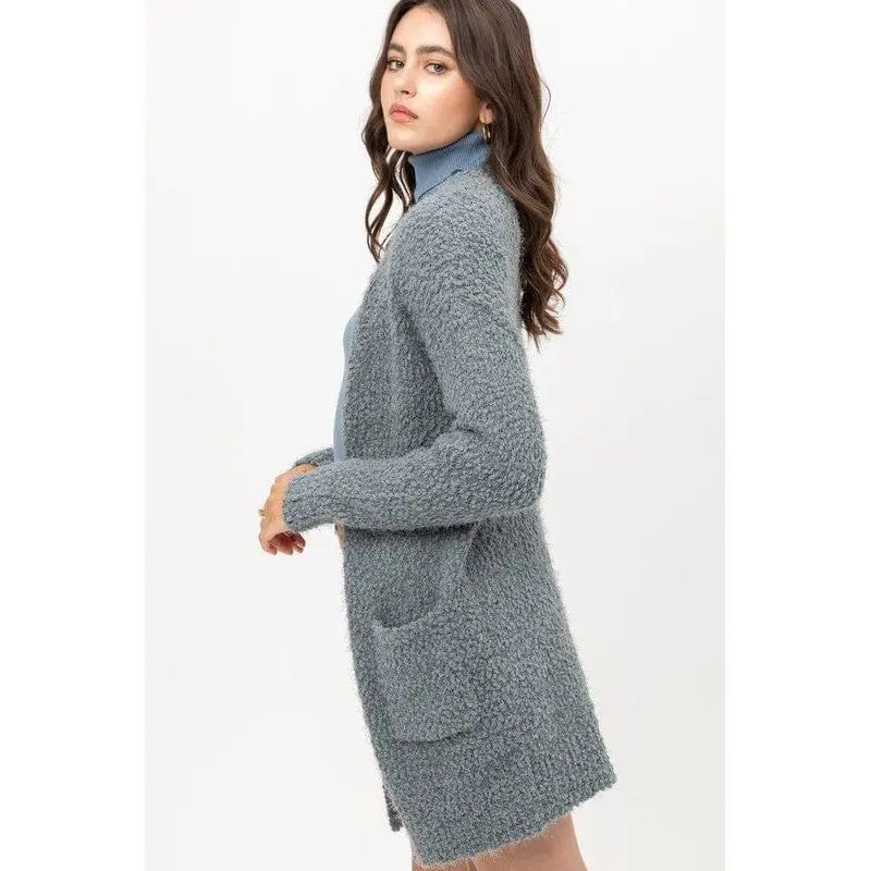 Popcorn Eyelash Open Front Long Line Cardigan Love tree