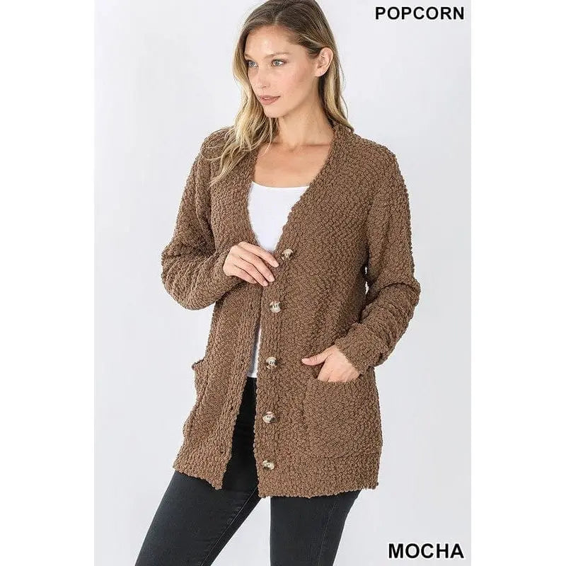 LONG SLEEVE POPCORN BUTTON DOWN CARDIGAN Zenana
