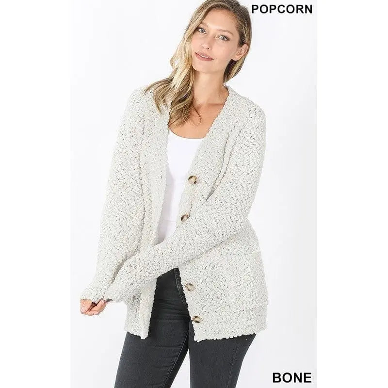 LONG SLEEVE POPCORN BUTTON DOWN CARDIGAN Zenana