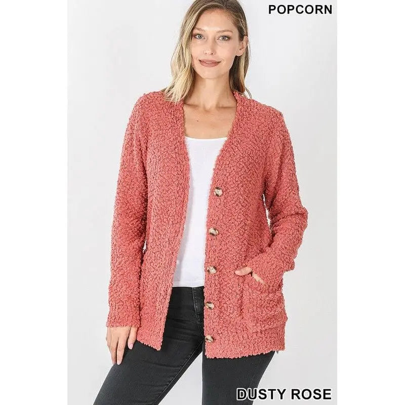 LONG SLEEVE POPCORN BUTTON DOWN CARDIGAN Zenana