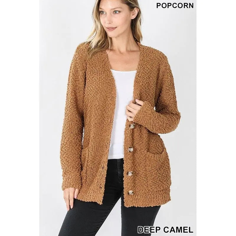 LONG SLEEVE POPCORN BUTTON DOWN CARDIGAN Zenana