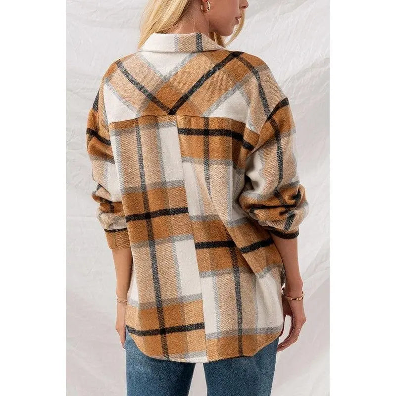 Women's Checkered Oversized Button-Down Jacket - Plaid Casual Coat LECCE