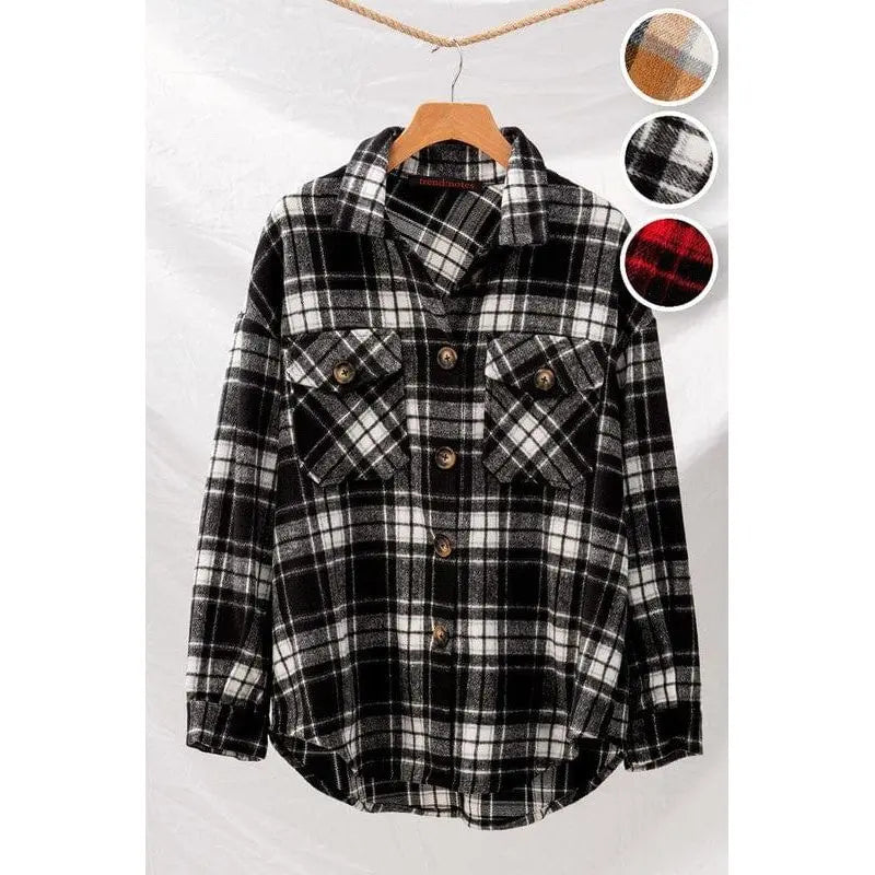 Women's Checkered Oversized Button-Down Jacket - Plaid Casual Coat LECCE