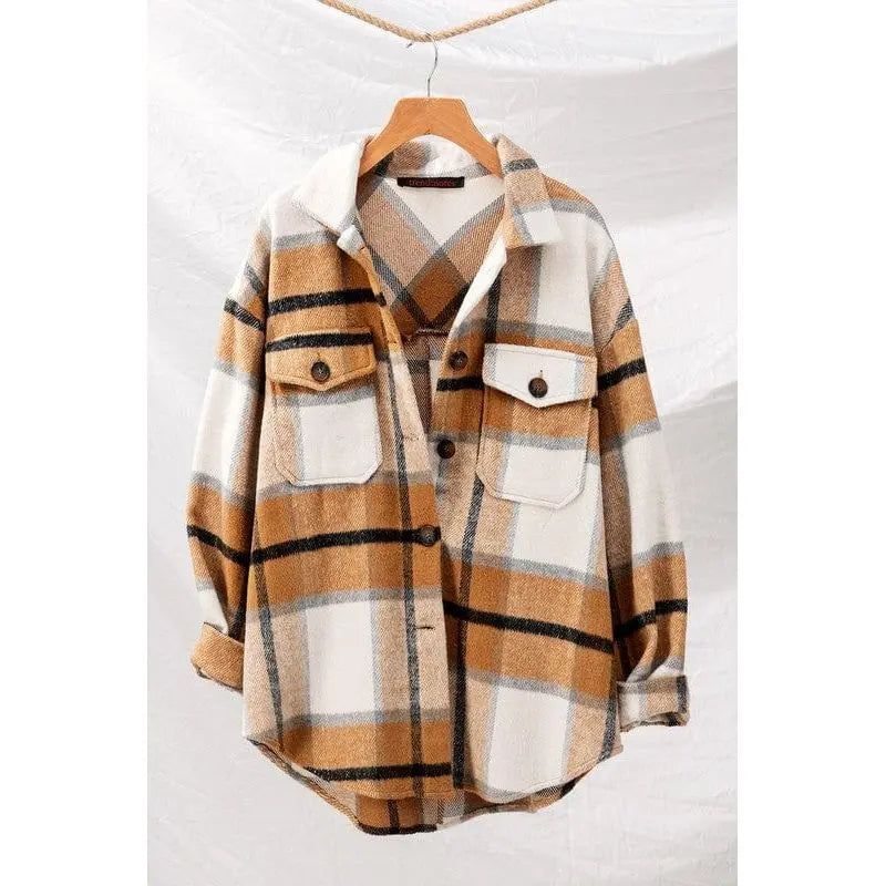 Women's Checkered Oversized Button-Down Jacket - Plaid Casual Coat LECCE