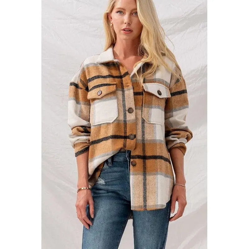 Women's Checkered Oversized Button-Down Jacket - Plaid Casual Coat LECCE