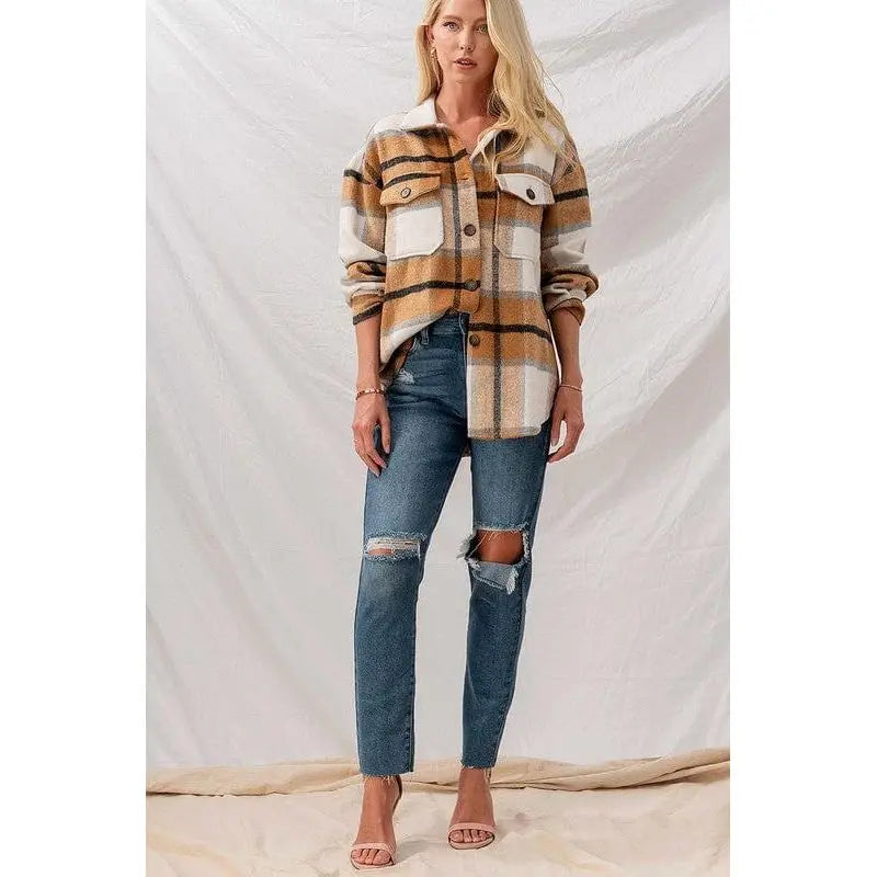 Women's Checkered Oversized Button-Down Jacket - Plaid Casual Coat LECCE