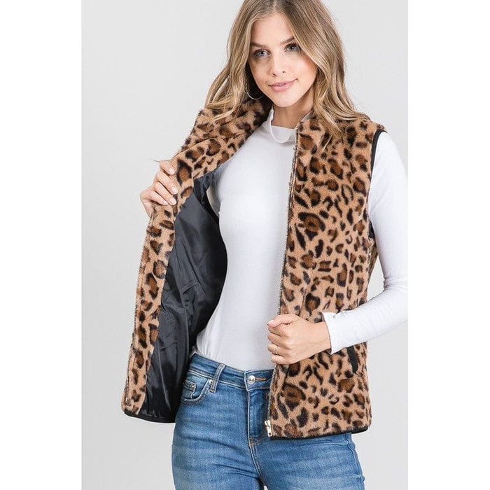 Animal Print Padded Vest With Side Pockets Detail