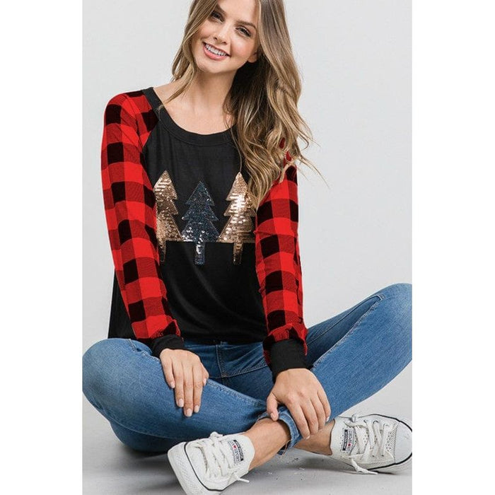 Plaid top with christmas tree detail