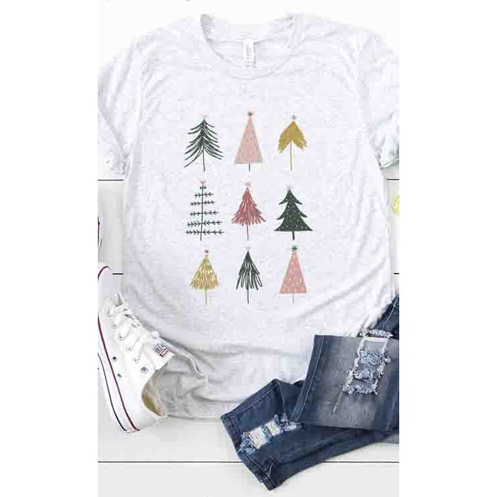 Camiseta navideña moderna con 9 árboles.
