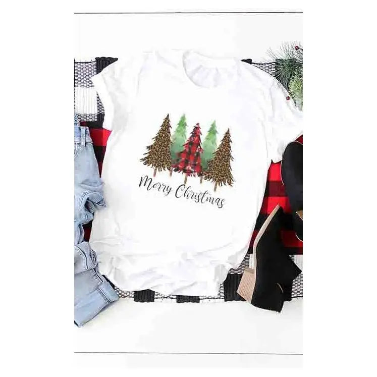 Camiseta con diseño de árbol de Navidad de leopardo, cuadros y pino