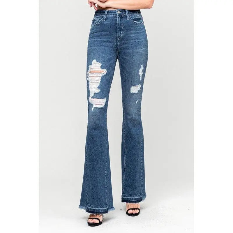 High rise distressed released hem flare