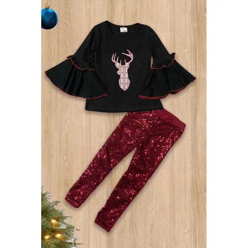 Manga acampanada con estampado de astas de ciervo y leggings de lentejuelas.