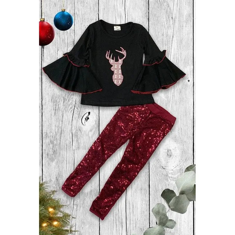 Manga acampanada con estampado de astas de ciervo y leggings de lentejuelas.