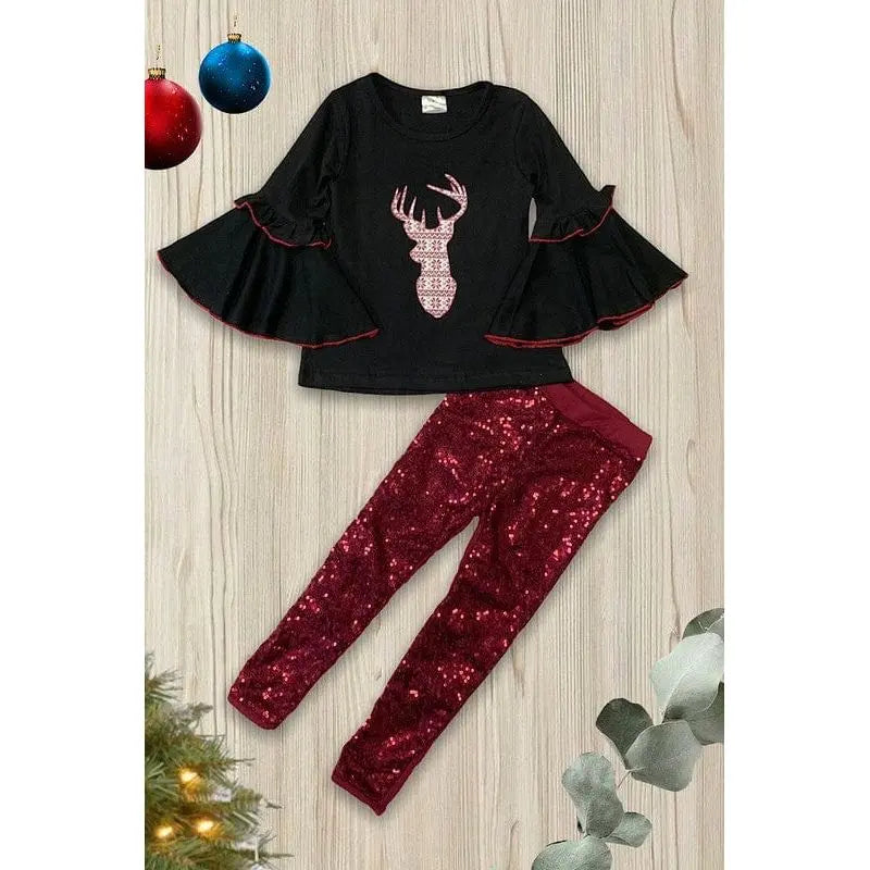 Deer antler printed bell sleeve with sequins leggings. LECCE
