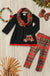 Black tunic w/ tree on a car applique & multi-color printed scarf & matching leggings. LECCE