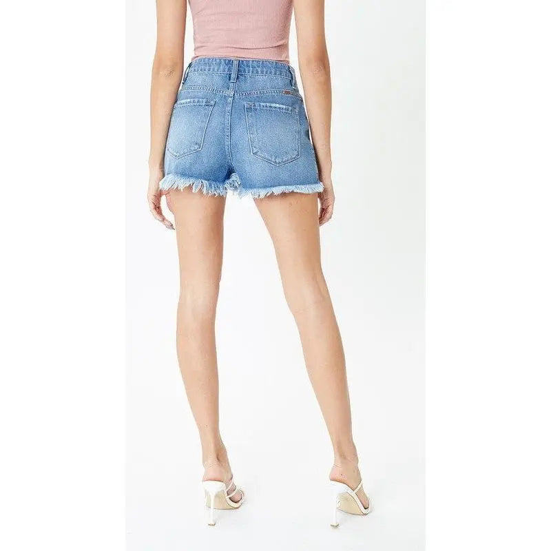 High rise medium wash frayed hem shorts- kc7259mn KanCan