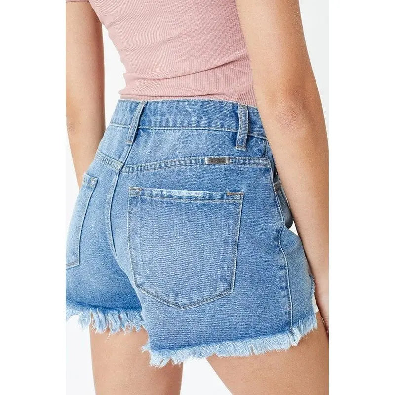 High rise medium wash frayed hem shorts- kc7259mn KanCan