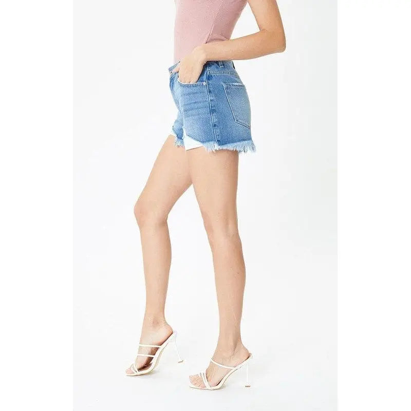 High rise medium wash frayed hem shorts- kc7259mn KanCan