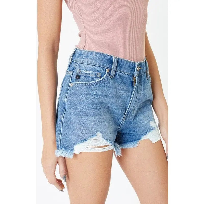 Shorts de tiro alto con dobladillo deshilachado y lavado medio - kc7259mn
