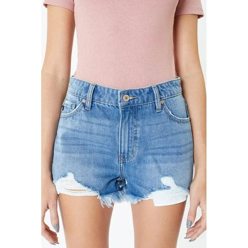 Shorts de tiro alto con dobladillo deshilachado y lavado medio - kc7259mn