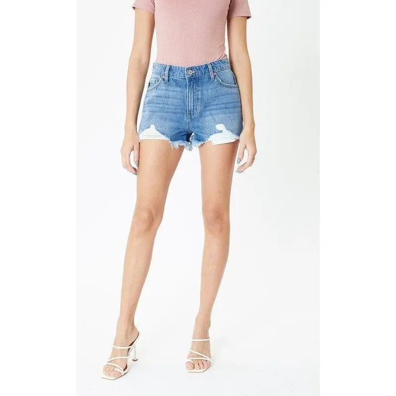 High rise medium wash frayed hem shorts- kc7259mn KanCan