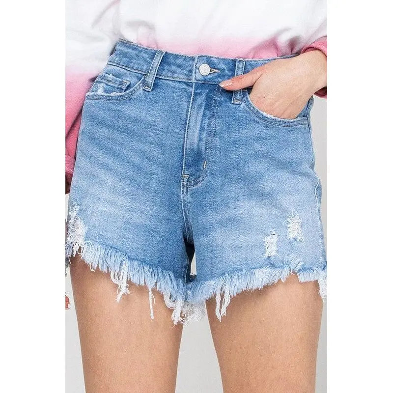 Shorts mom jeans elásticos con dobladillo deshilachado
