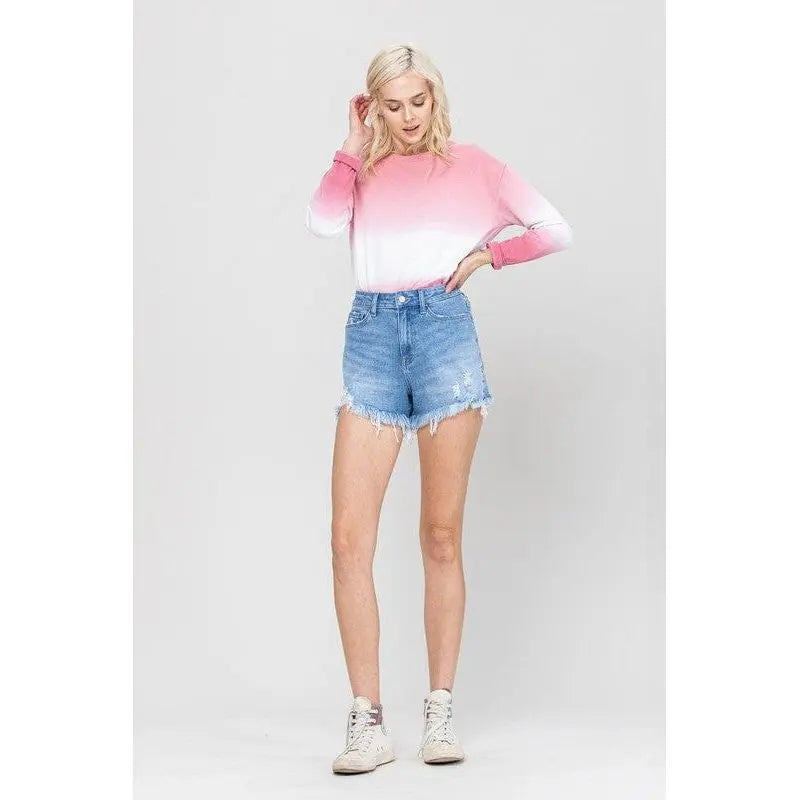 Shorts mom jeans elásticos con dobladillo deshilachado