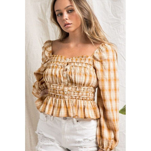 Square neck plaid top with button up detail