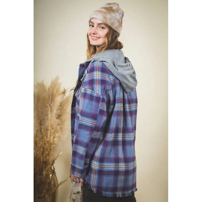 Women's Plaid Checked Button Down Hoodie Jacket - Cozy Shacket with Fringe Hem Very j