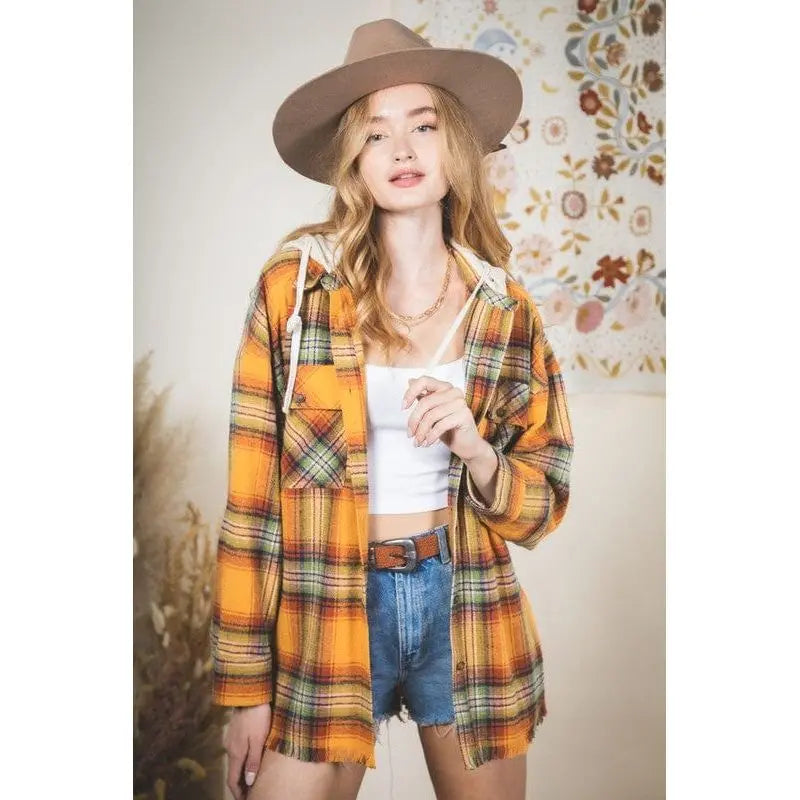 Women's Plaid Checked Button Down Hoodie Jacket - Cozy Shacket with Fringe Hem Very j