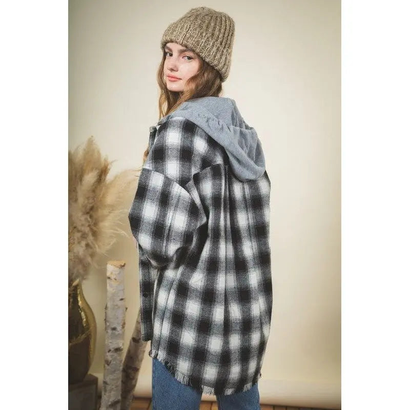 Women's Plaid Checked Button Down Hoodie Jacket - Cozy Shacket with Fringe Hem Very j