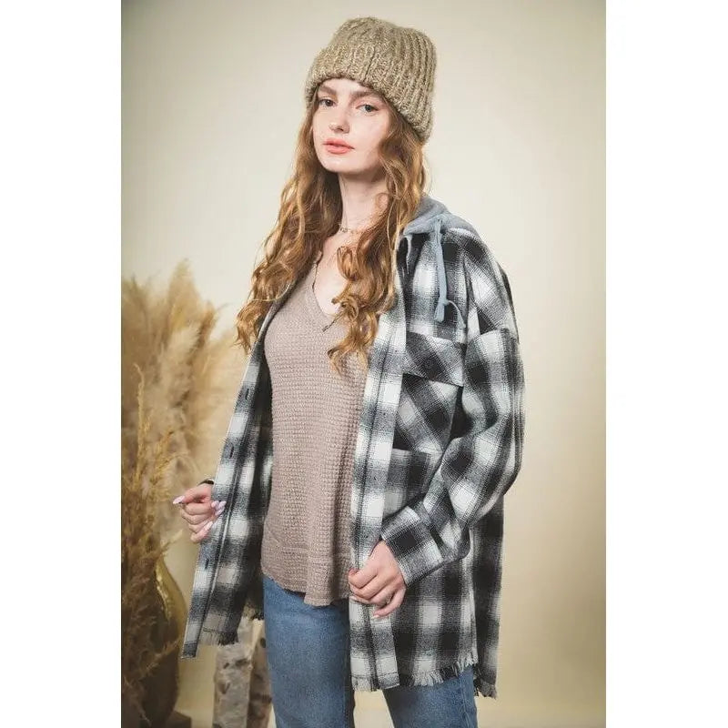 Women's Plaid Checked Button Down Hoodie Jacket - Cozy Shacket with Fringe Hem Very j