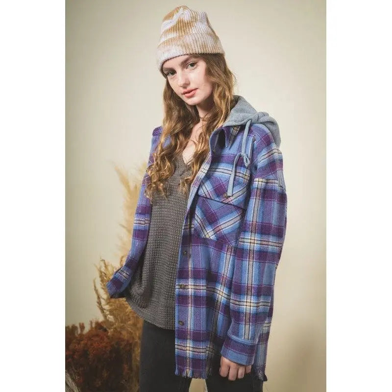 Women's Plaid Checked Button Down Hoodie Jacket - Cozy Shacket with Fringe Hem Very j
