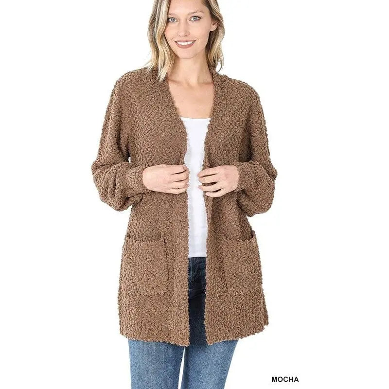 Puff Sleeve Popcorn Cardigan With Pockets Zenana