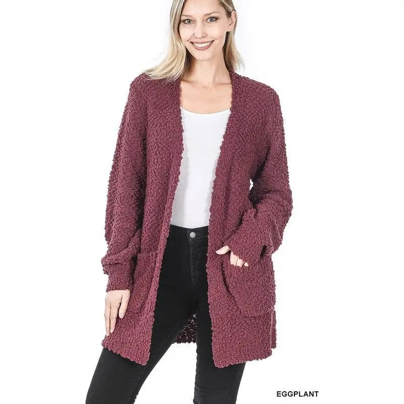Puff Sleeve Popcorn Cardigan With Pockets Zenana