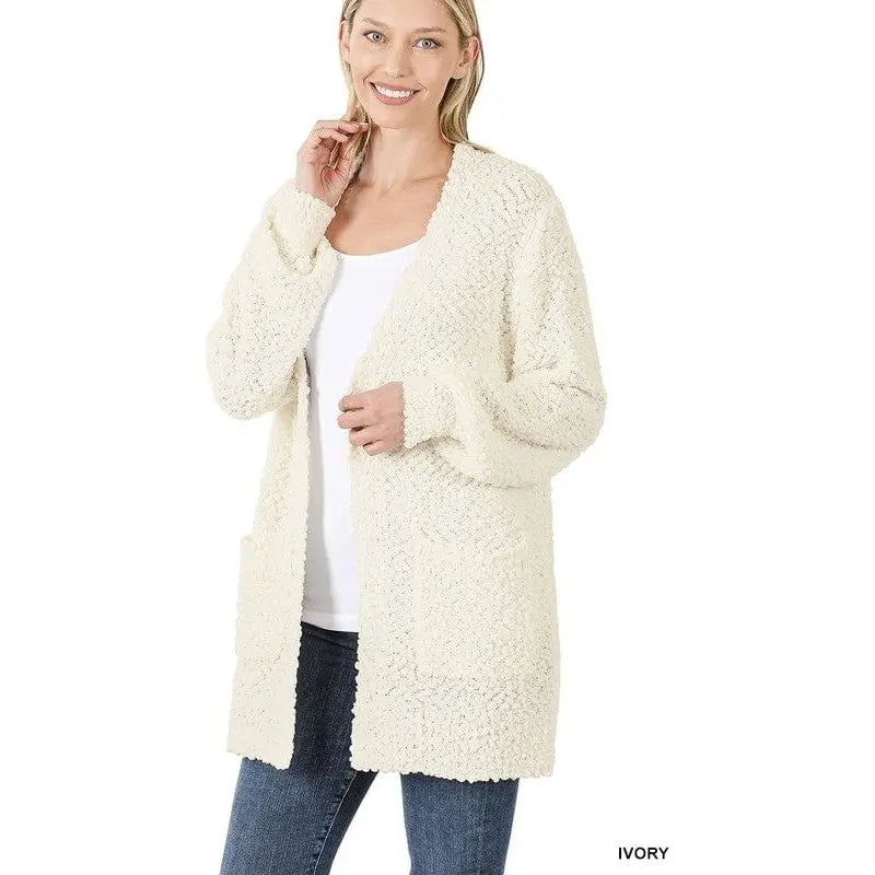 Puff Sleeve Popcorn Cardigan With Pockets Zenana