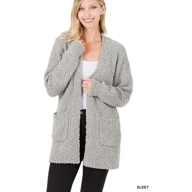 Puff Sleeve Popcorn Cardigan With Pockets Zenana